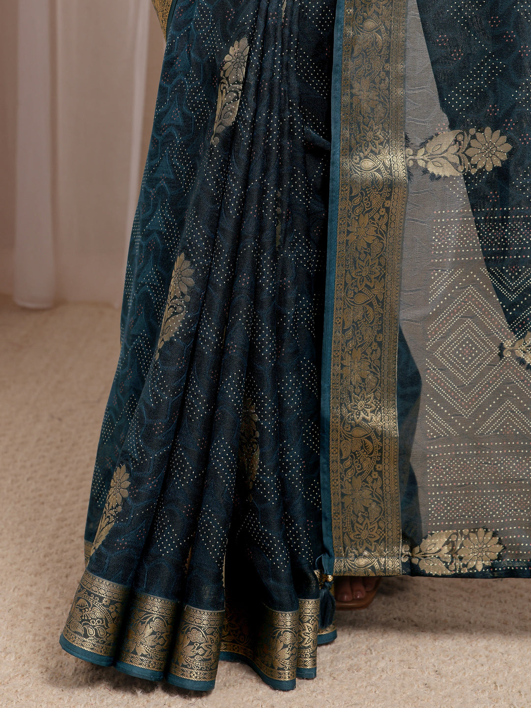  Navy Blue Floral Woven Design Silk Blend Saree With Unstitched Blouse Piece 