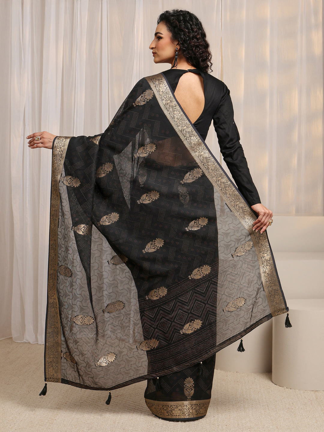  Black Floral Woven Design Silk Blend Saree 
With Unstitched Blouse Piece 
