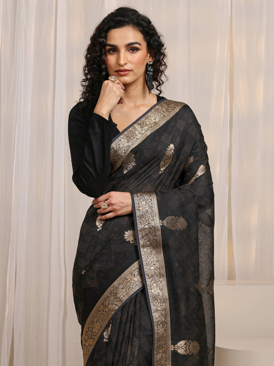  Black Floral Woven Design Silk Blend Saree 
With Unstitched Blouse Piece 