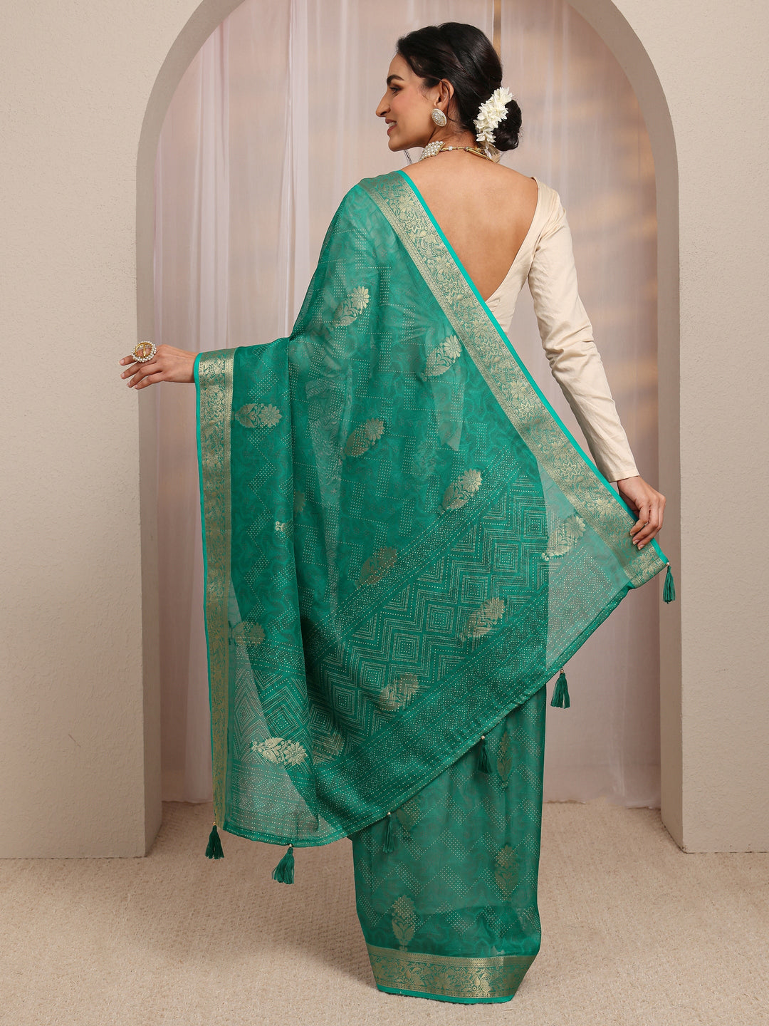  Green Floral Woven Design Silk Blend Saree With Unstitched Blouse Piece 