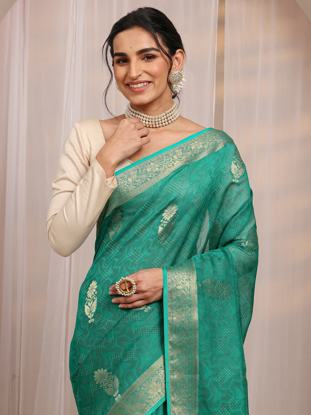  Green Floral Woven Design Silk Blend Saree With Unstitched Blouse Piece 