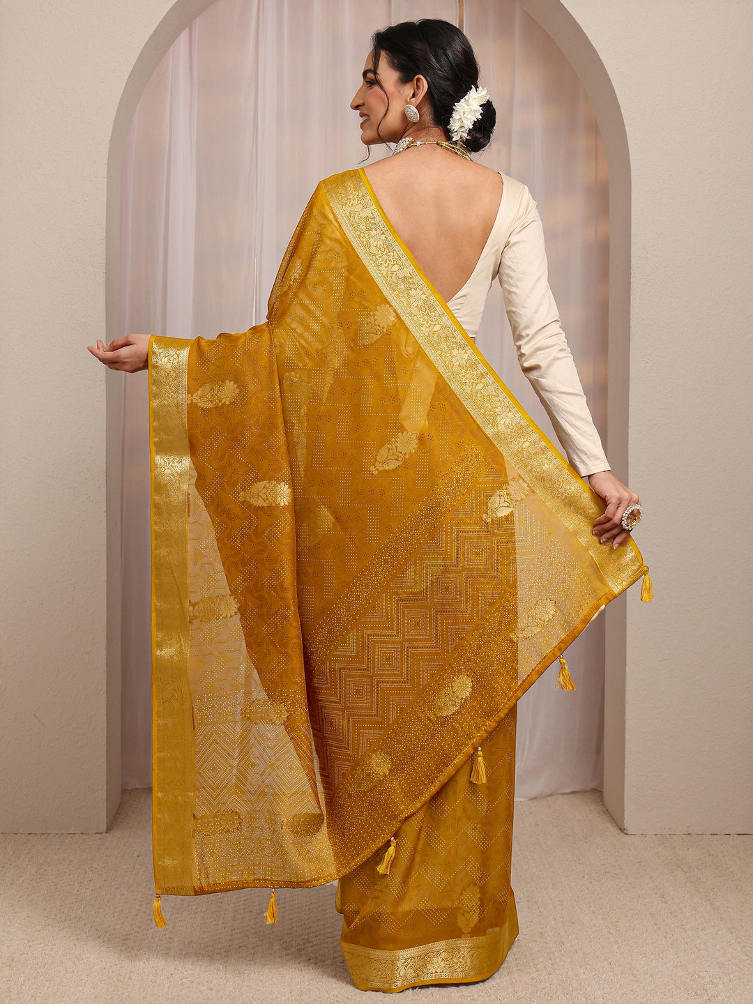  Mustard Floral Woven Design Silk Blend Saree With Unstitched Blouse Piece 