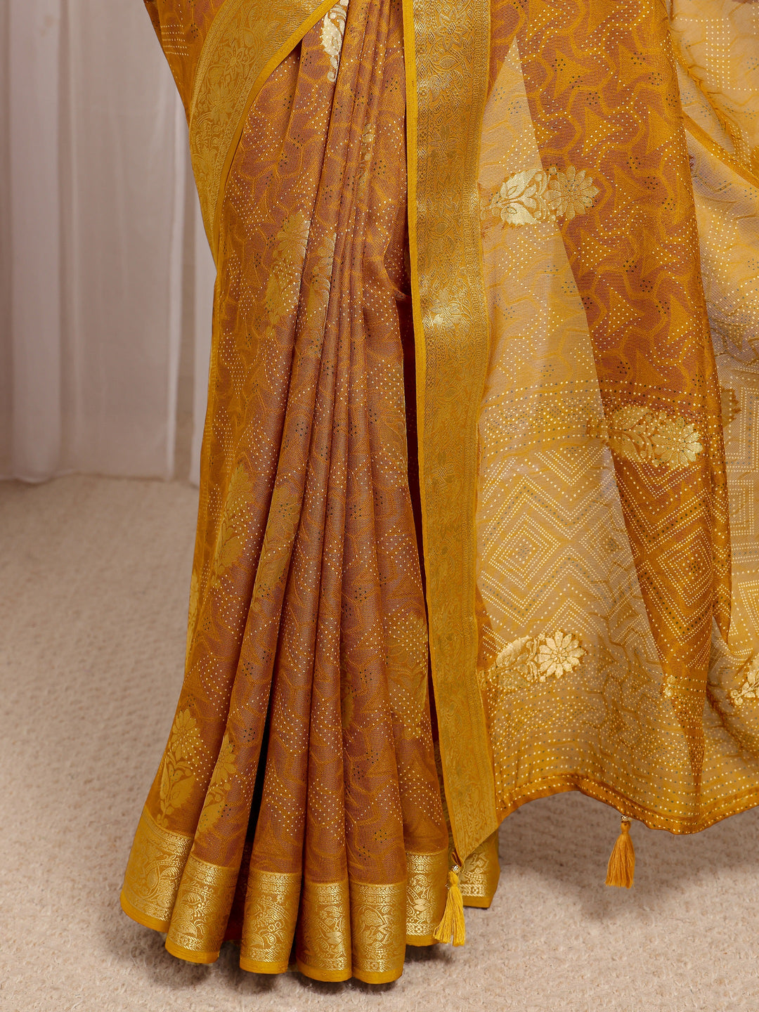  Mustard Floral Woven Design Silk Blend Saree With Unstitched Blouse Piece 
