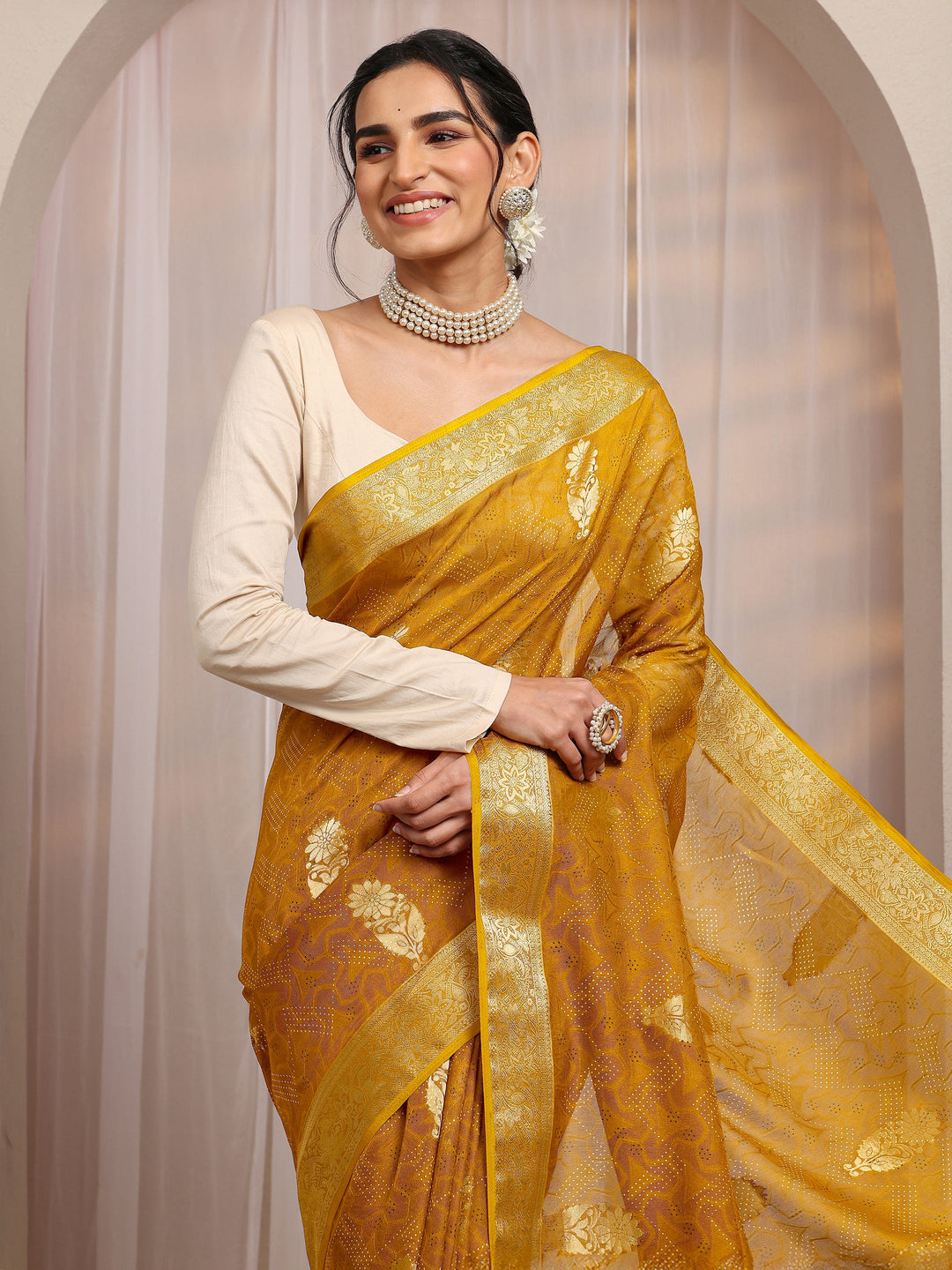  Mustard Floral Woven Design Silk Blend Saree With Unstitched Blouse Piece 