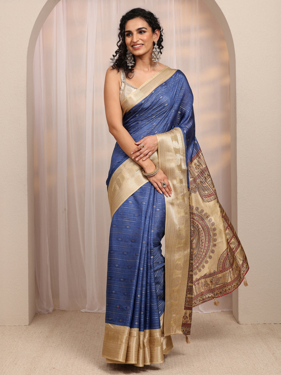  Blue Madhubani Silk Blend Saree 
With Unstitched Blouse Piece 