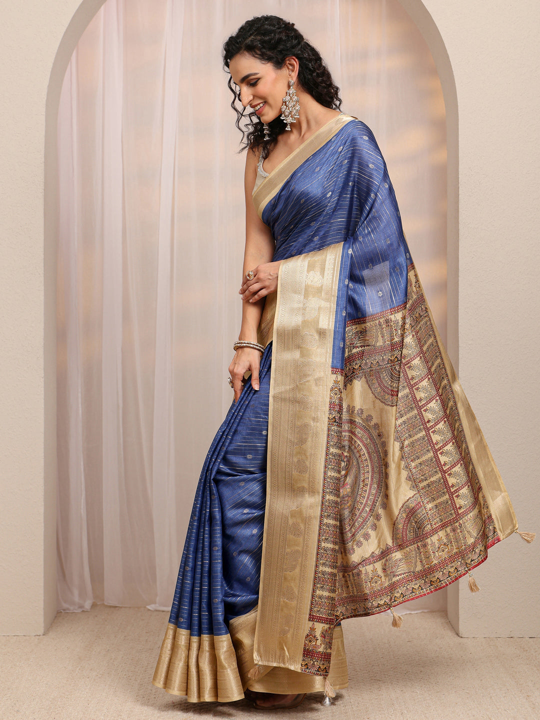  Blue Madhubani Silk Blend Saree 
With Unstitched Blouse Piece 