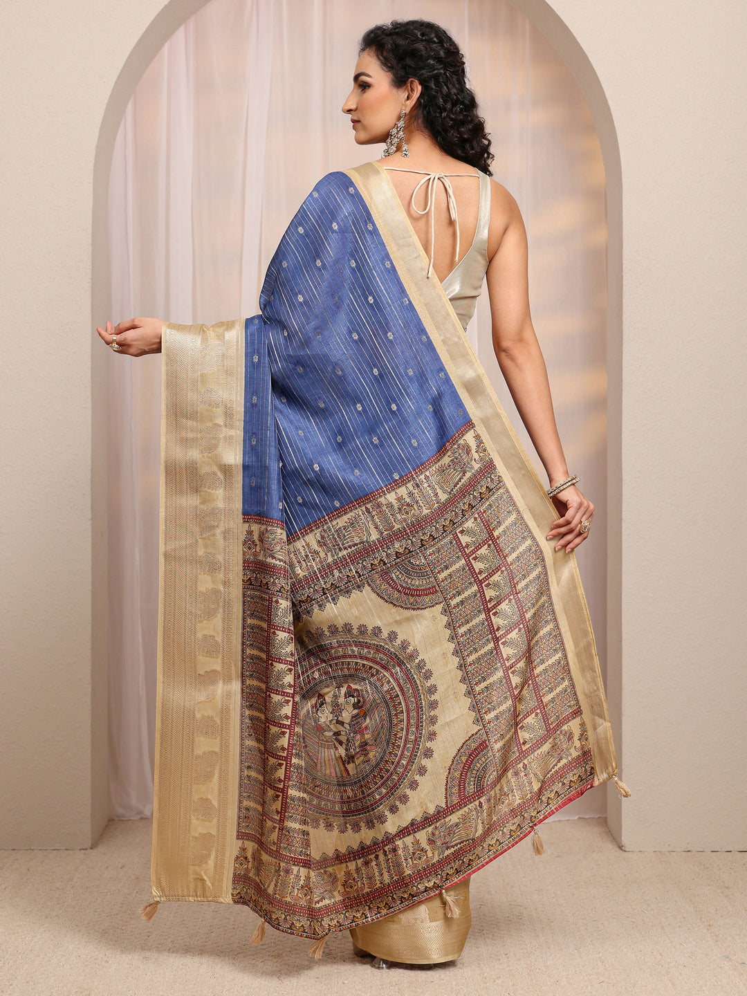 Blue Madhubani Silk Blend Saree 
With Unstitched Blouse Piece 