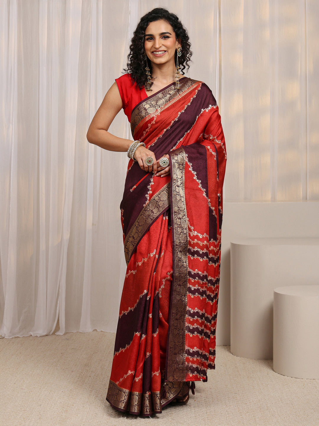  Multi-Coloured Woven Design Silk Blend Saree 
With Unstitched Blouse Piece 