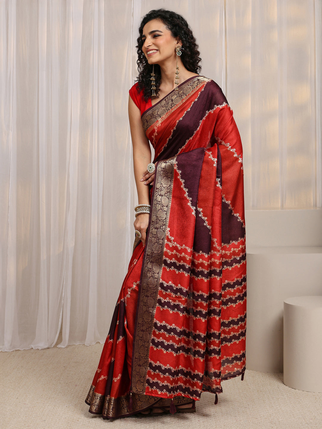  Multi-Coloured Woven Design Silk Blend Saree 
With Unstitched Blouse Piece 