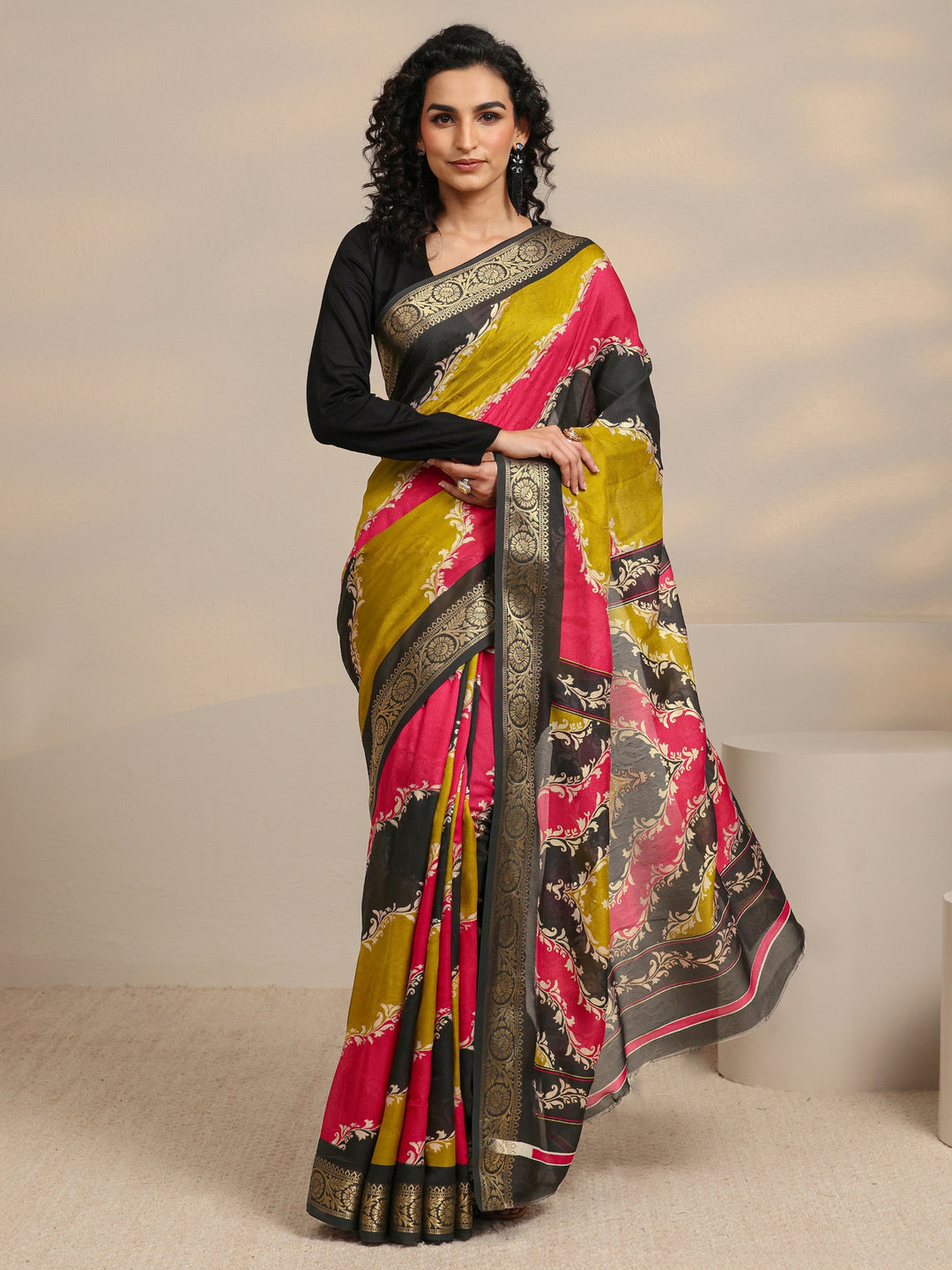  Multi-Coloured Woven Design Silk Blend Saree 
With Unstitched Blouse Piece 