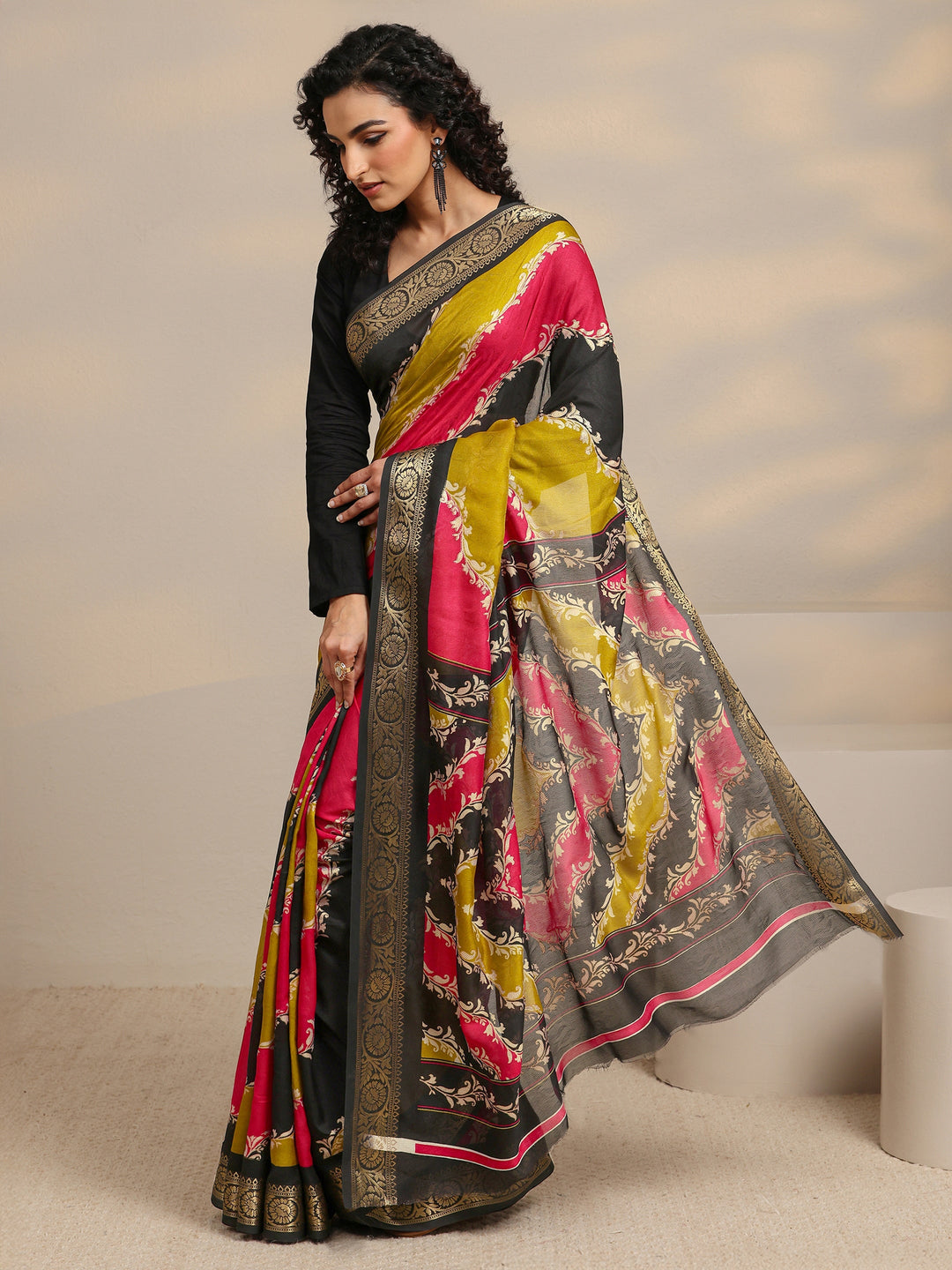  Multi-Coloured Woven Design Silk Blend Saree 
With Unstitched Blouse Piece 