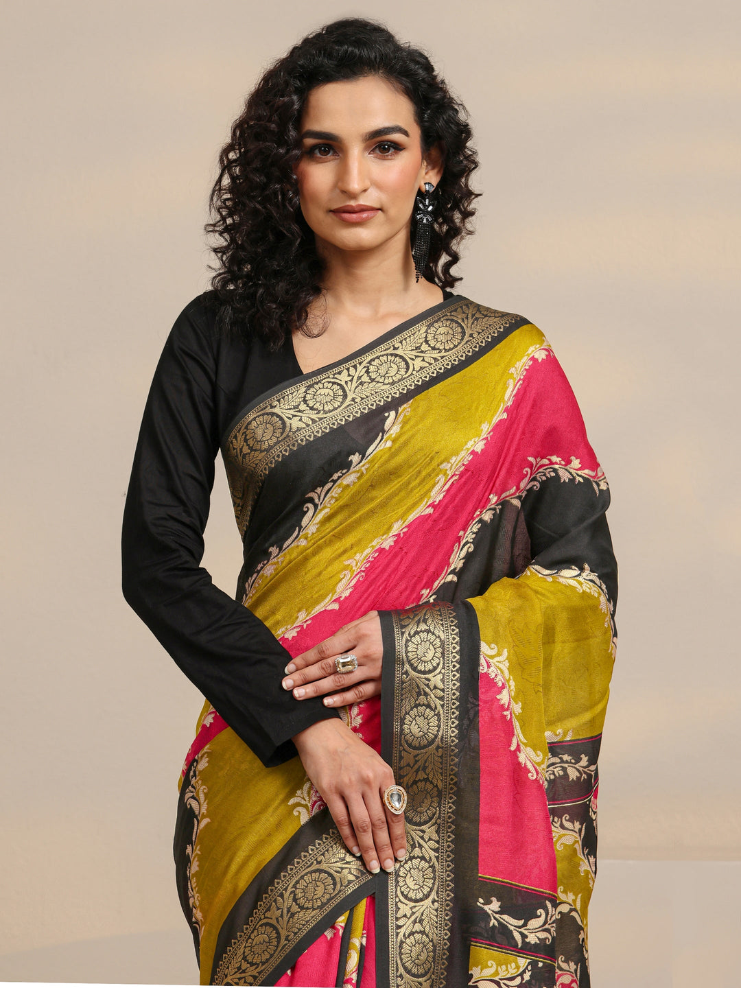  Multi-Coloured Woven Design Silk Blend Saree 
With Unstitched Blouse Piece 
