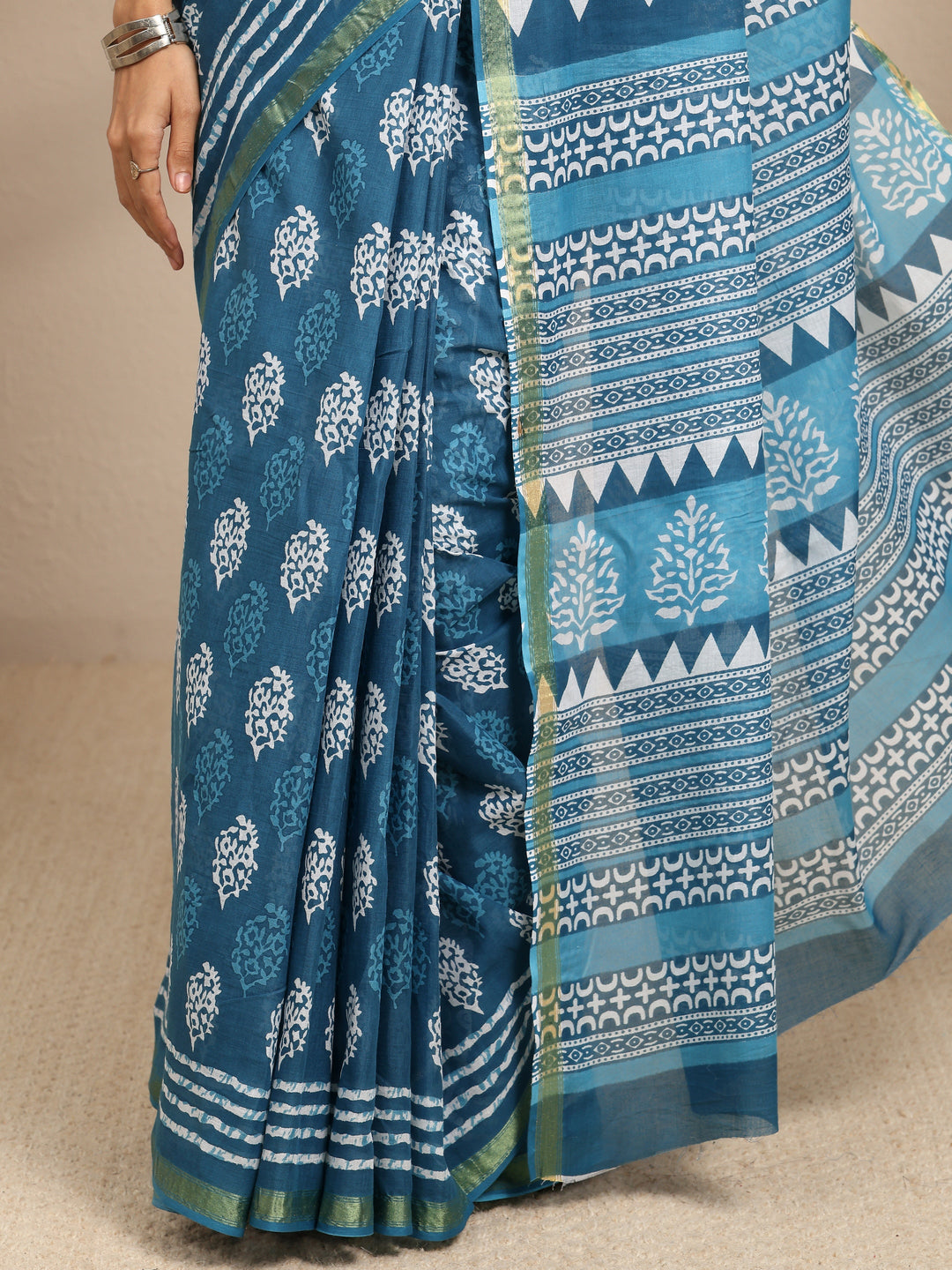  Blue Ethnic Motifs Printed Cotton Blend Saree With Unstitched Blouse Piece 