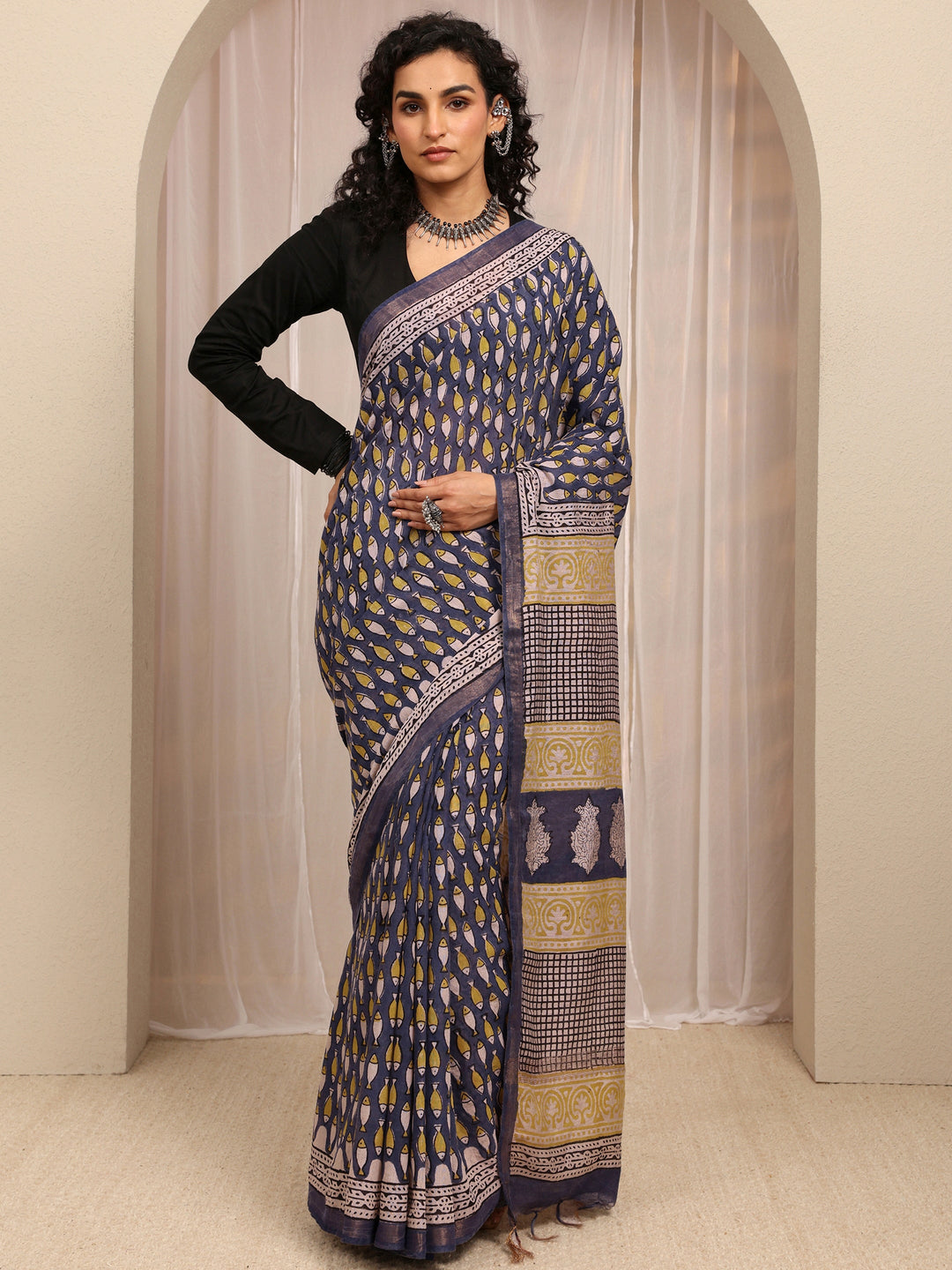  Blue Printed Cotton Blend Saree With Unstitched Blouse Piece 