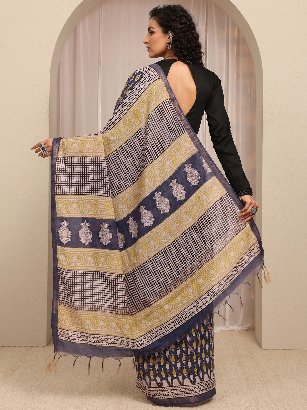  Blue Printed Cotton Blend Saree With Unstitched Blouse Piece 
