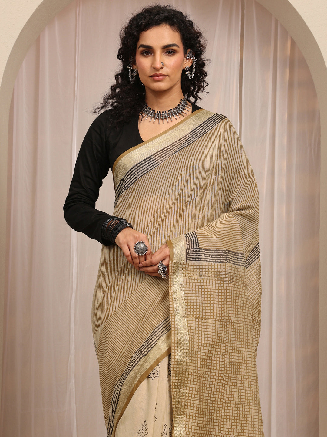  Brown Printed Cotton Blend Saree With Unstitched Blouse Piece 