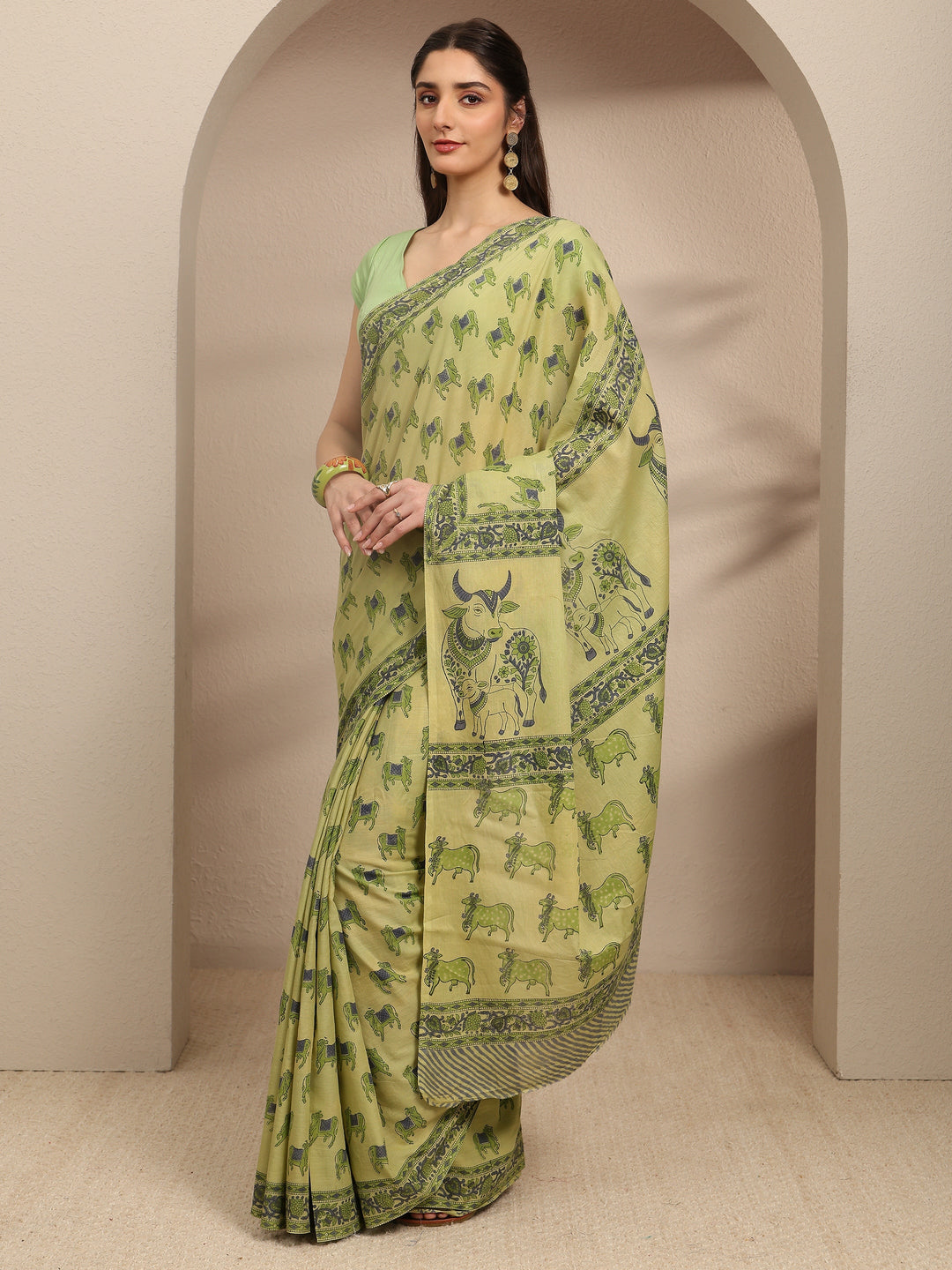  Green Ethnic Motifs Printed Cotton Blend Saree With Unstitched Blouse Piece 