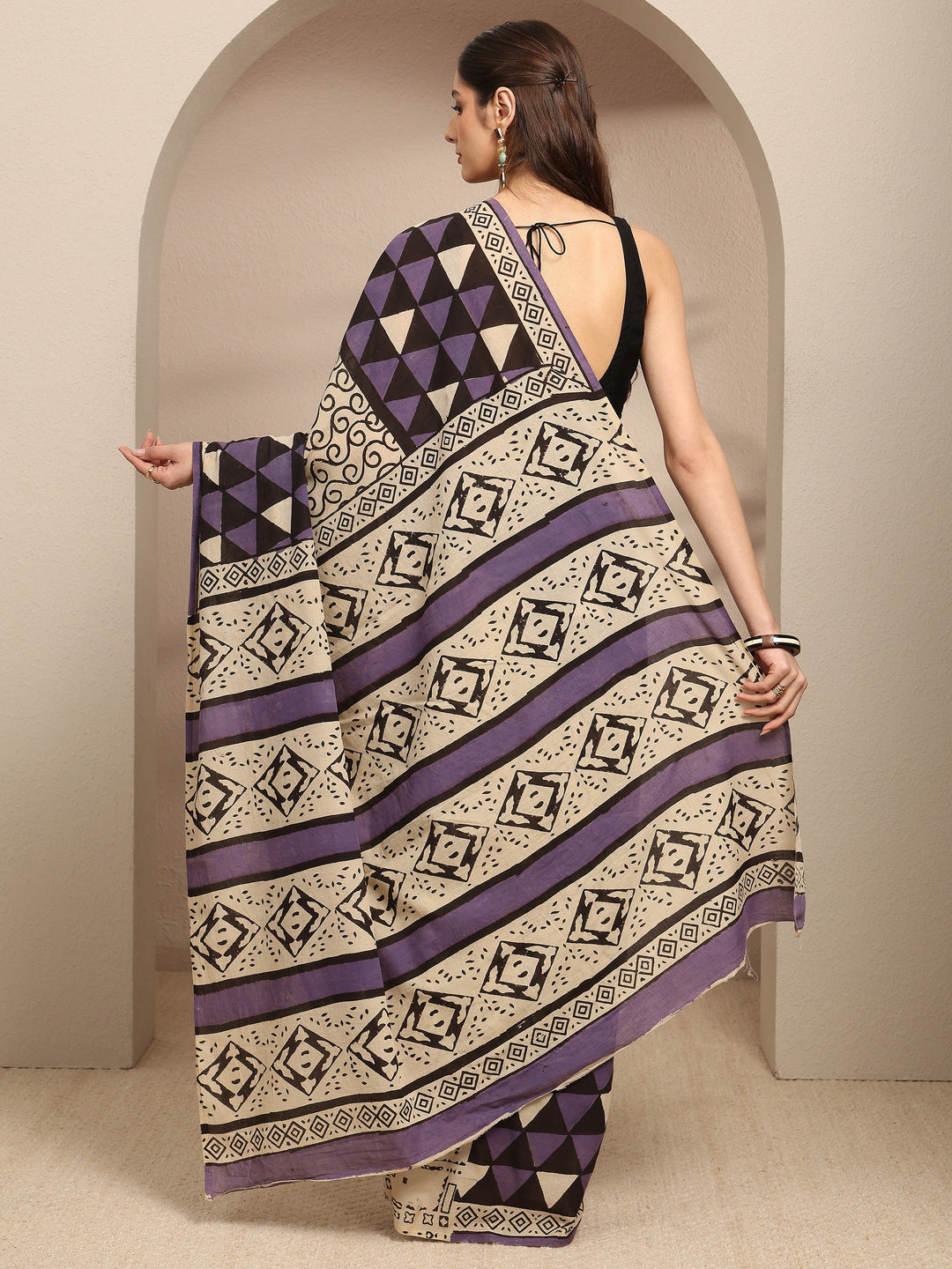  Beige Ethnic Motifs Printed Cotton Blend Saree With Unstitched Blouse Piece 