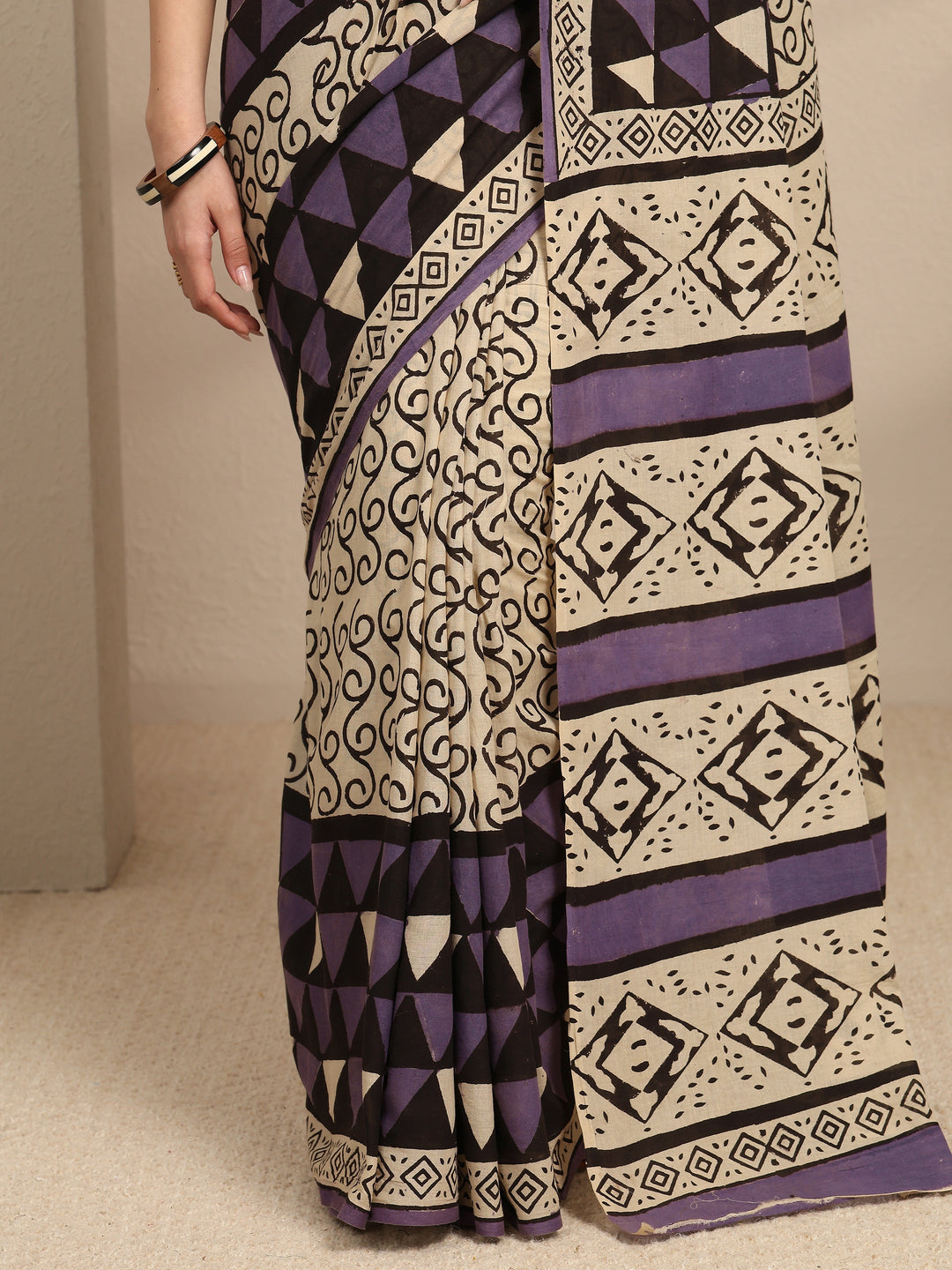  Beige Ethnic Motifs Printed Cotton Blend Saree With Unstitched Blouse Piece 