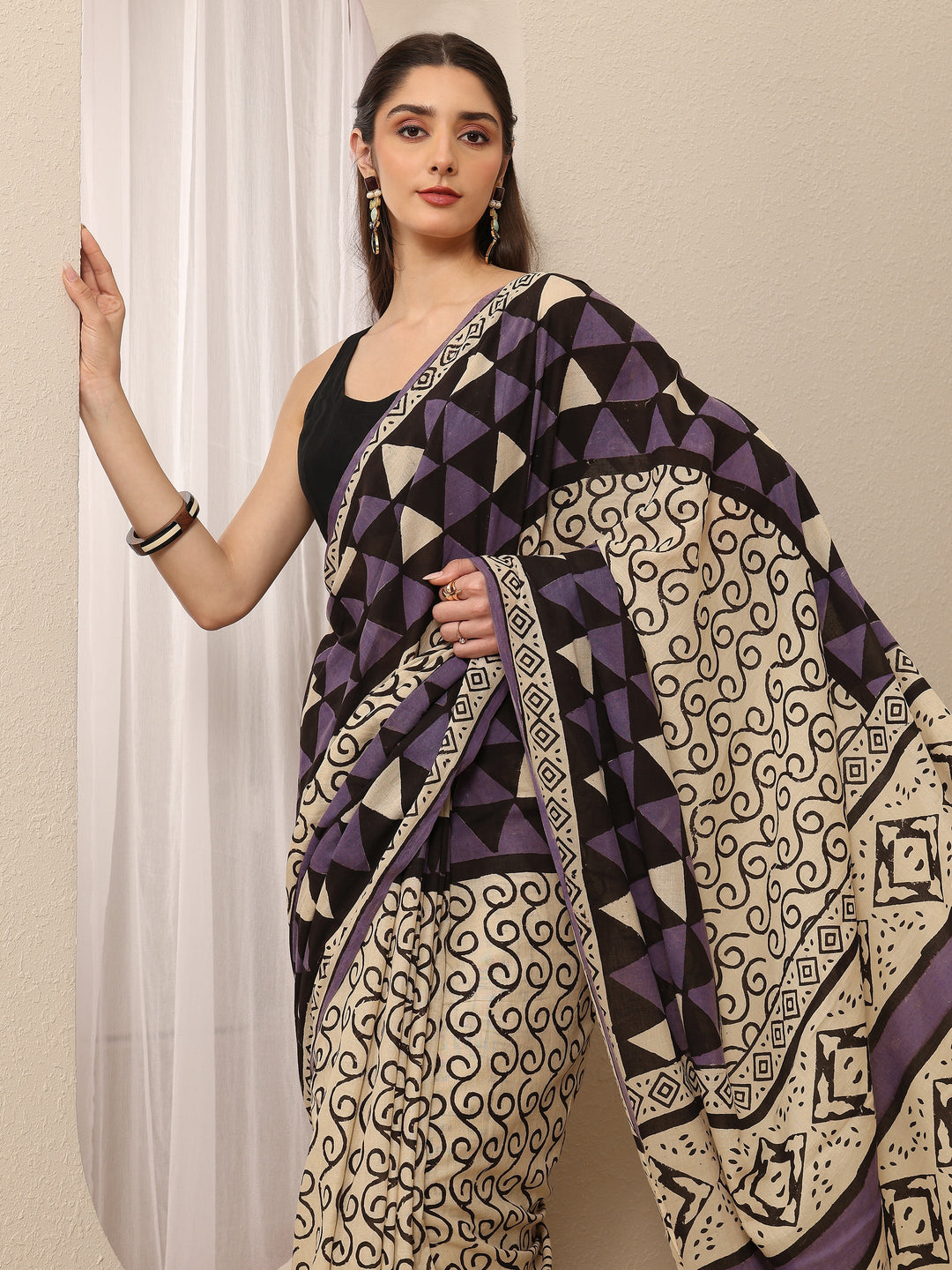  Beige Ethnic Motifs Printed Cotton Blend Saree With Unstitched Blouse Piece 