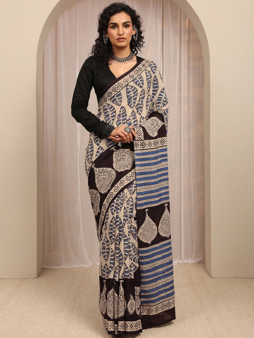  Beige Paisley Printed Cotton Blend Saree With Unstitched Blouse Piece 