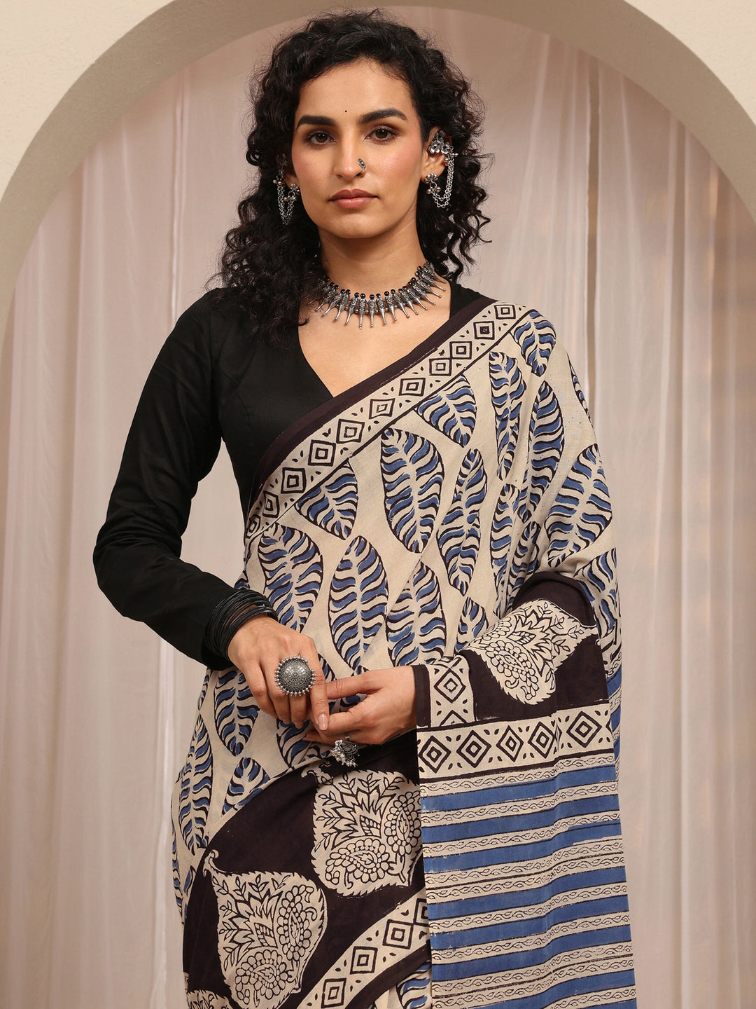  Beige Paisley Printed Cotton Blend Saree With Unstitched Blouse Piece 