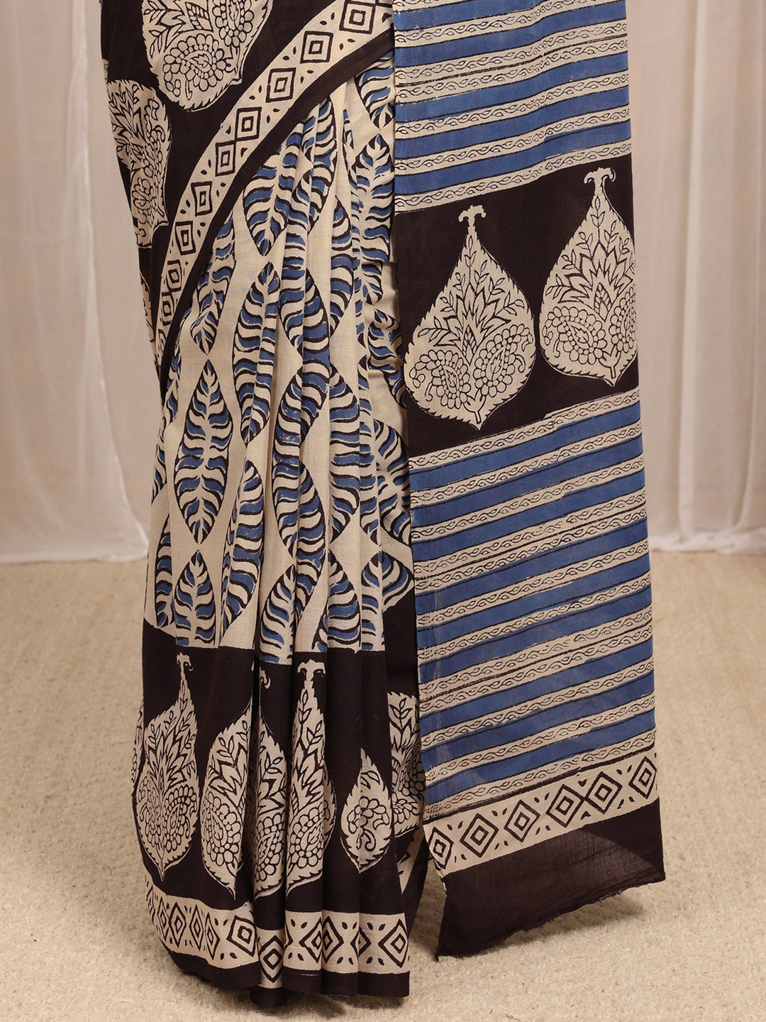  Beige Paisley Printed Cotton Blend Saree With Unstitched Blouse Piece 
