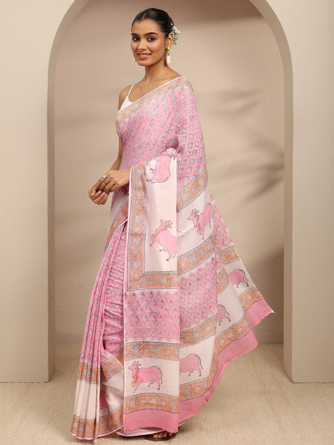  Pink Ethnic Motifs Printed Cotton Blend Saree With Unstitched Blouse Piece 