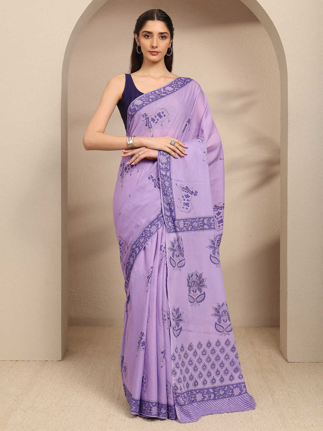  Purple Ethnic Motifs Printed Cotton Blend Saree With Unstitched Blouse Piece 