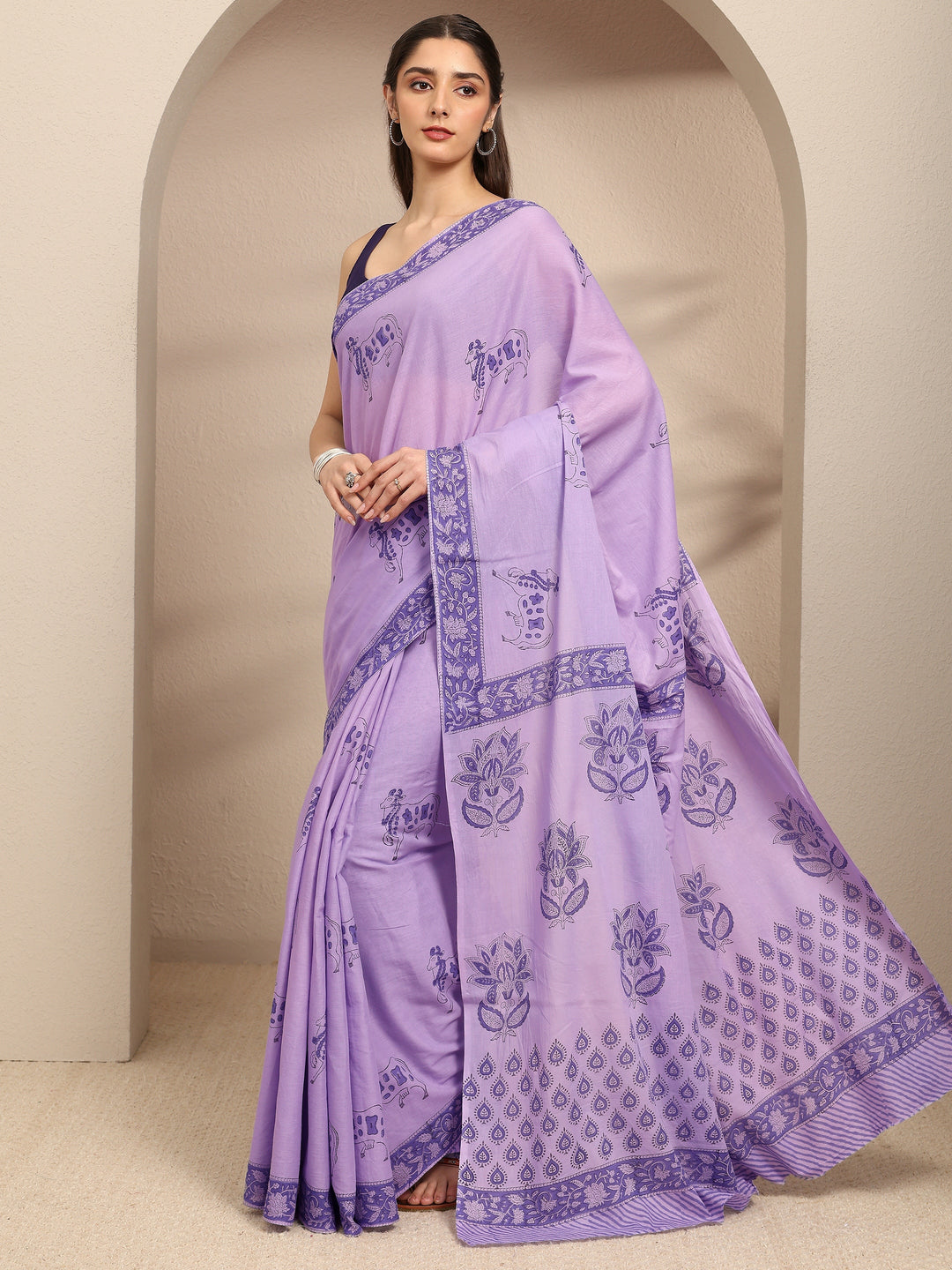  Purple Ethnic Motifs Printed Cotton Blend Saree With Unstitched Blouse Piece 