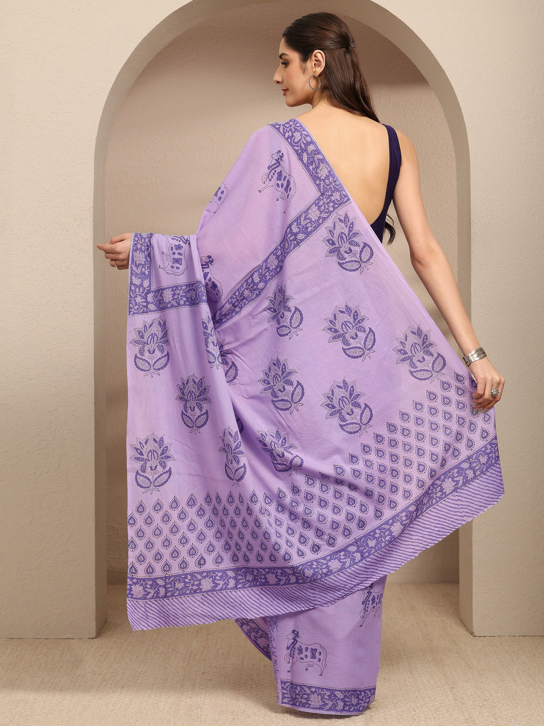  Purple Ethnic Motifs Printed Cotton Blend Saree With Unstitched Blouse Piece 