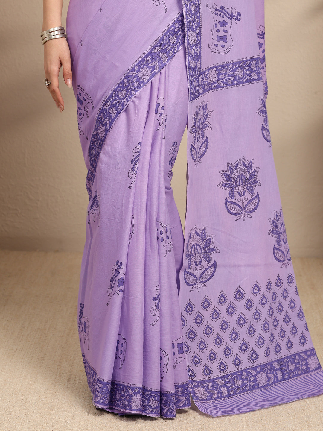  Purple Ethnic Motifs Printed Cotton Blend Saree With Unstitched Blouse Piece 
