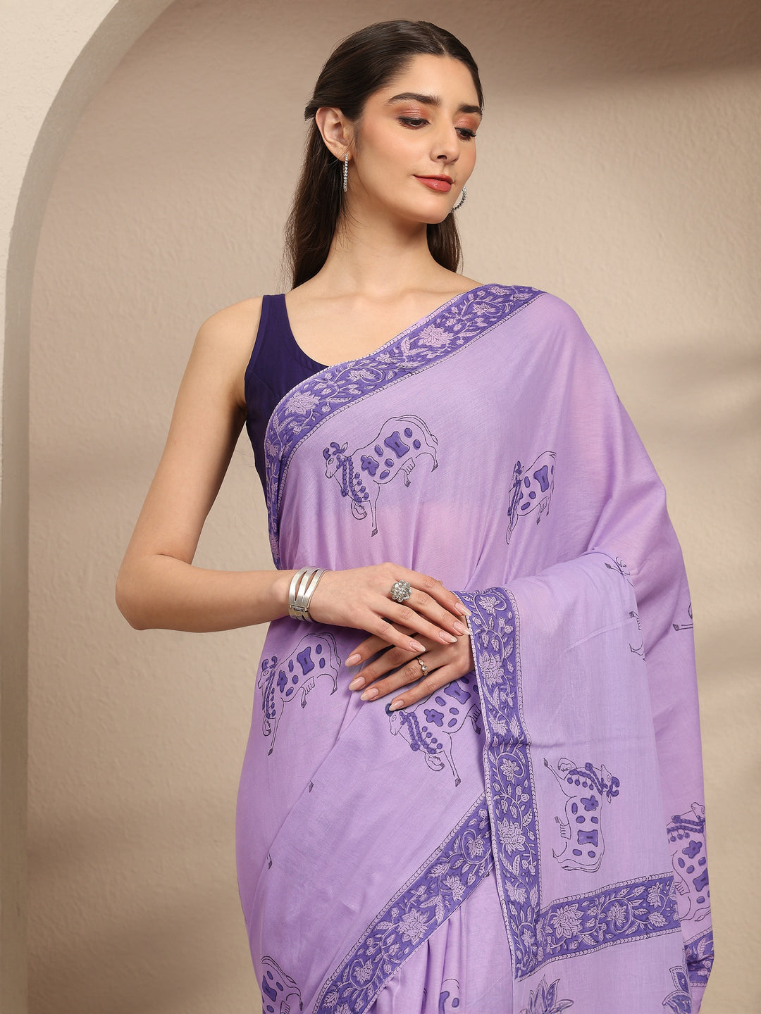  Purple Ethnic Motifs Printed Cotton Blend Saree With Unstitched Blouse Piece 