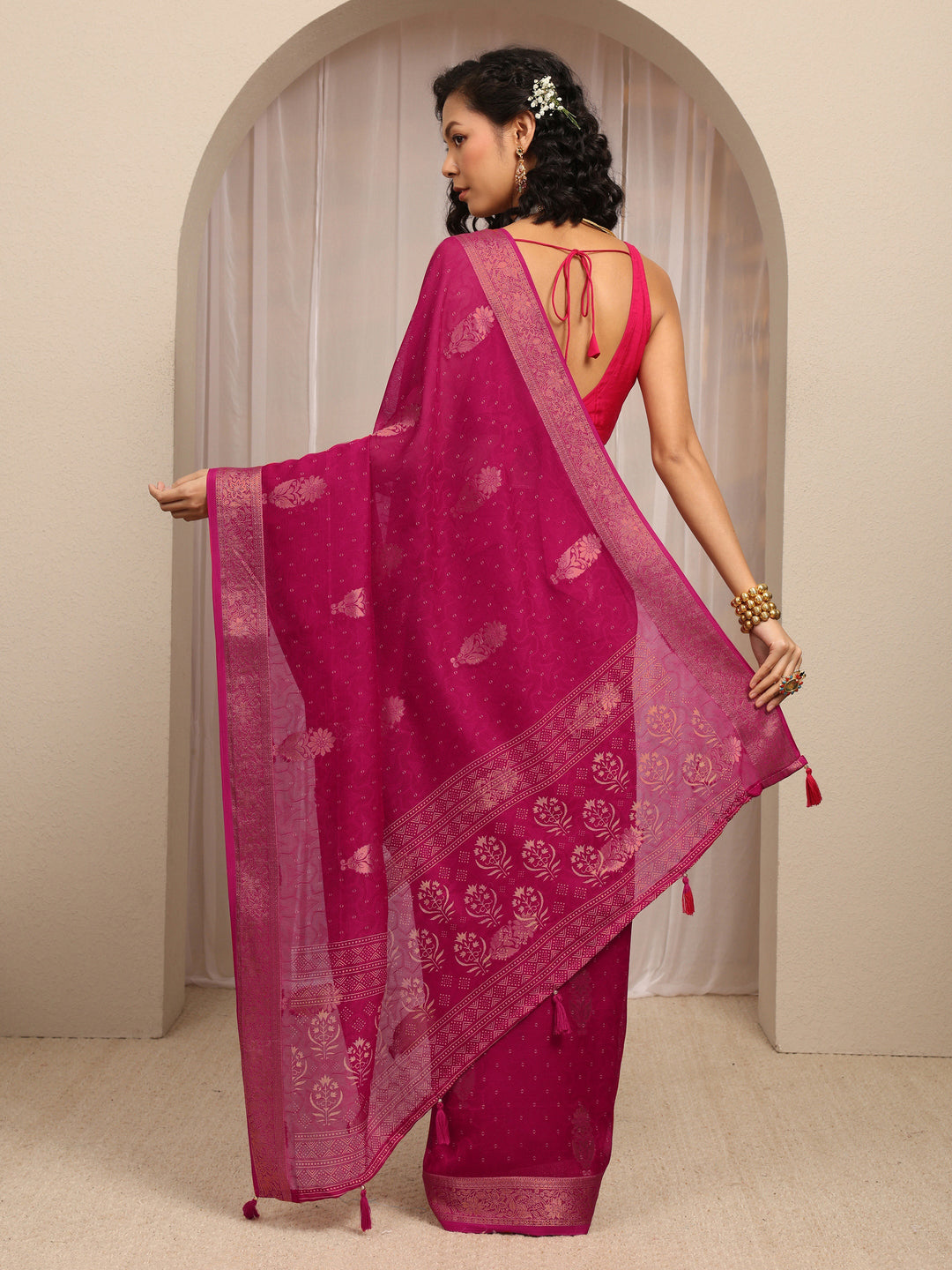  Pink Floral Woven Design Silk Blend Saree With Unstitched Blouse Piece 