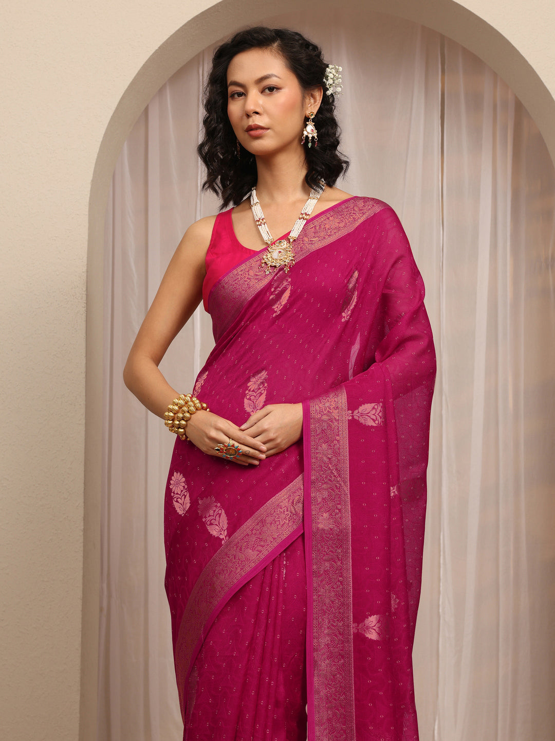  Pink Floral Woven Design Silk Blend Saree With Unstitched Blouse Piece 