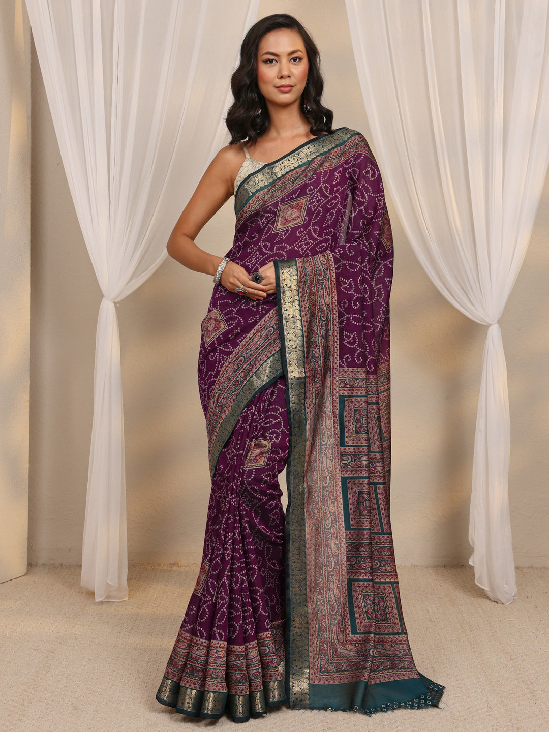  Purple Bandhani Printed Silk Blend Saree With Unstitched Blouse Piece 