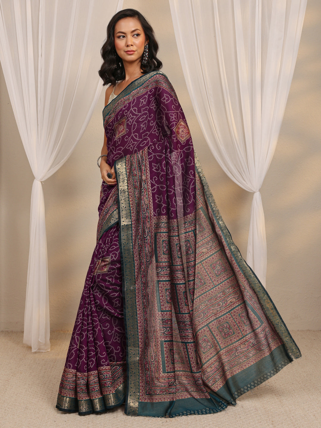  Purple Bandhani Printed Silk Blend Saree With Unstitched Blouse Piece 