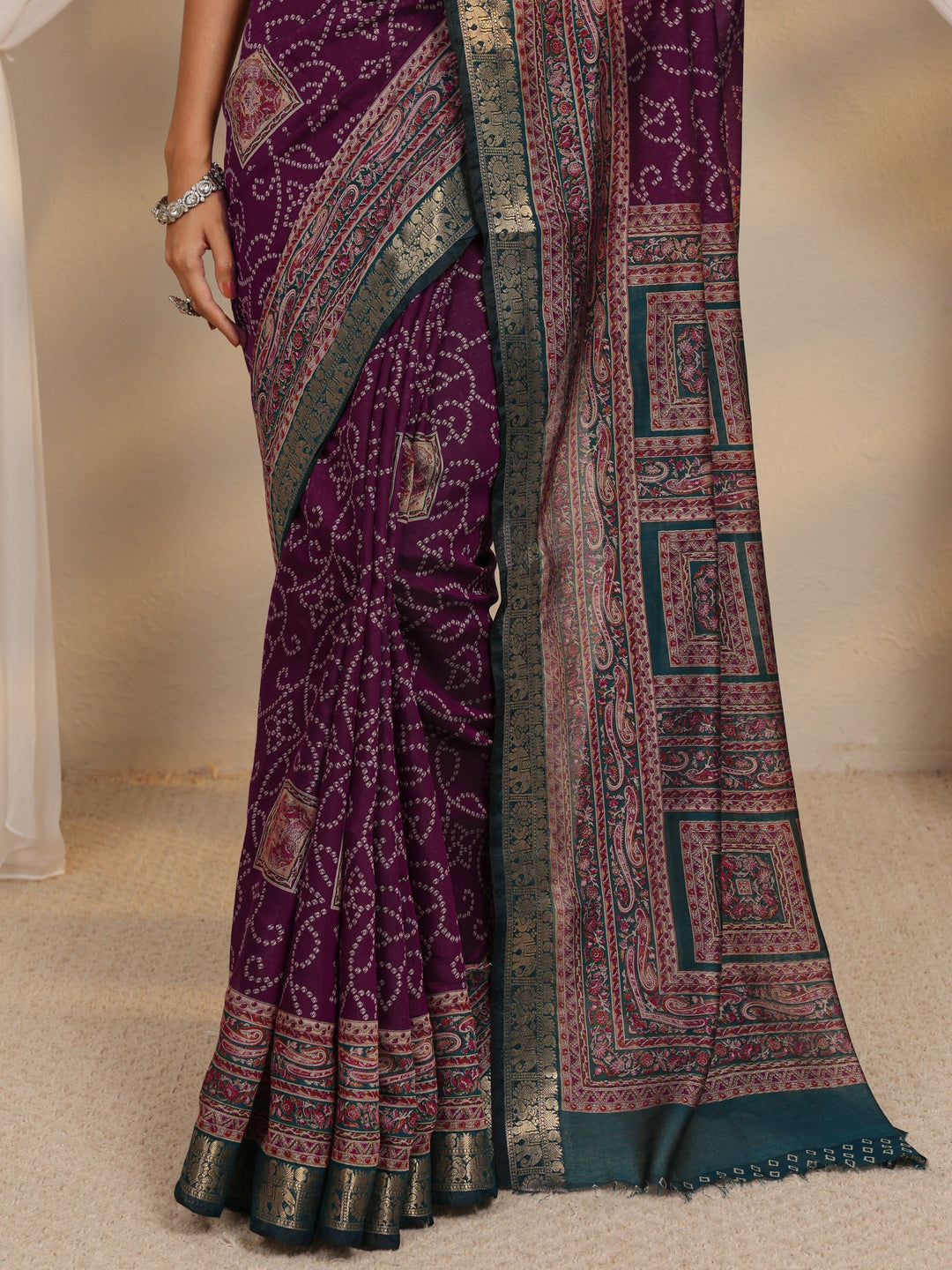  Purple Bandhani Printed Silk Blend Saree With Unstitched Blouse Piece 