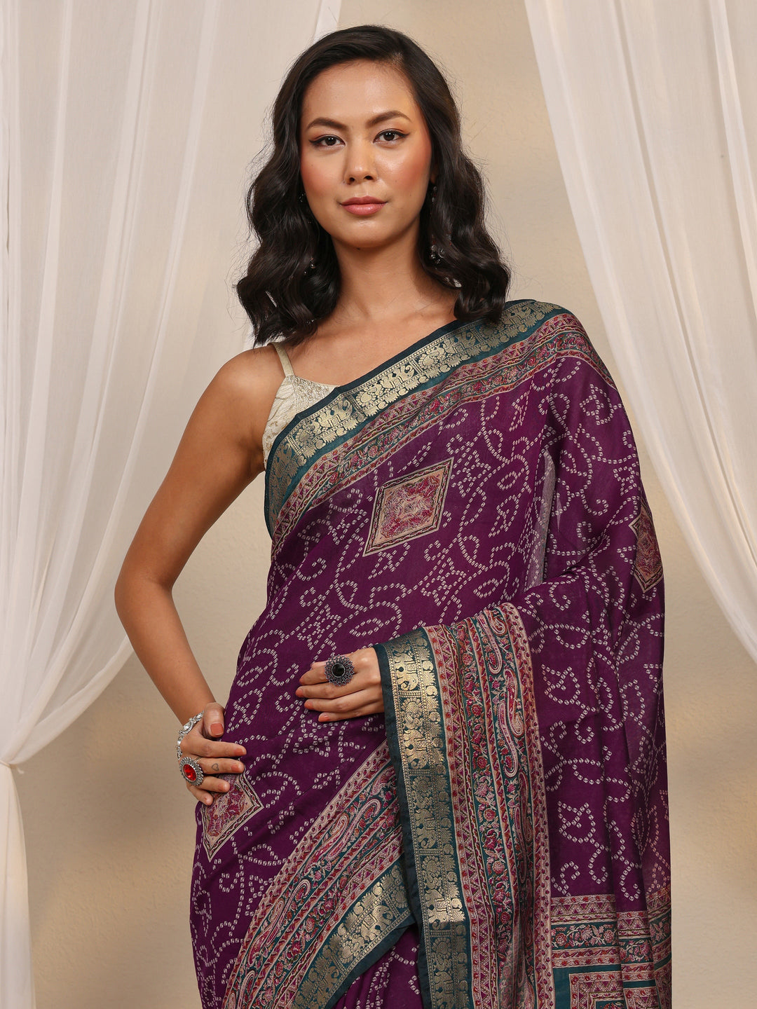  Purple Bandhani Printed Silk Blend Saree With Unstitched Blouse Piece 
