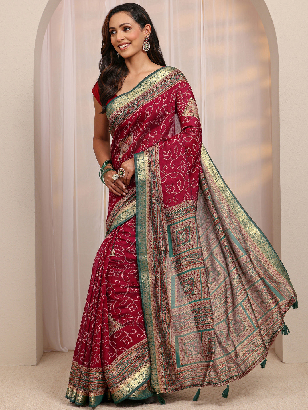  Red Bandhani Printed Silk Blend Saree 
With Unstitched Blouse Piece 