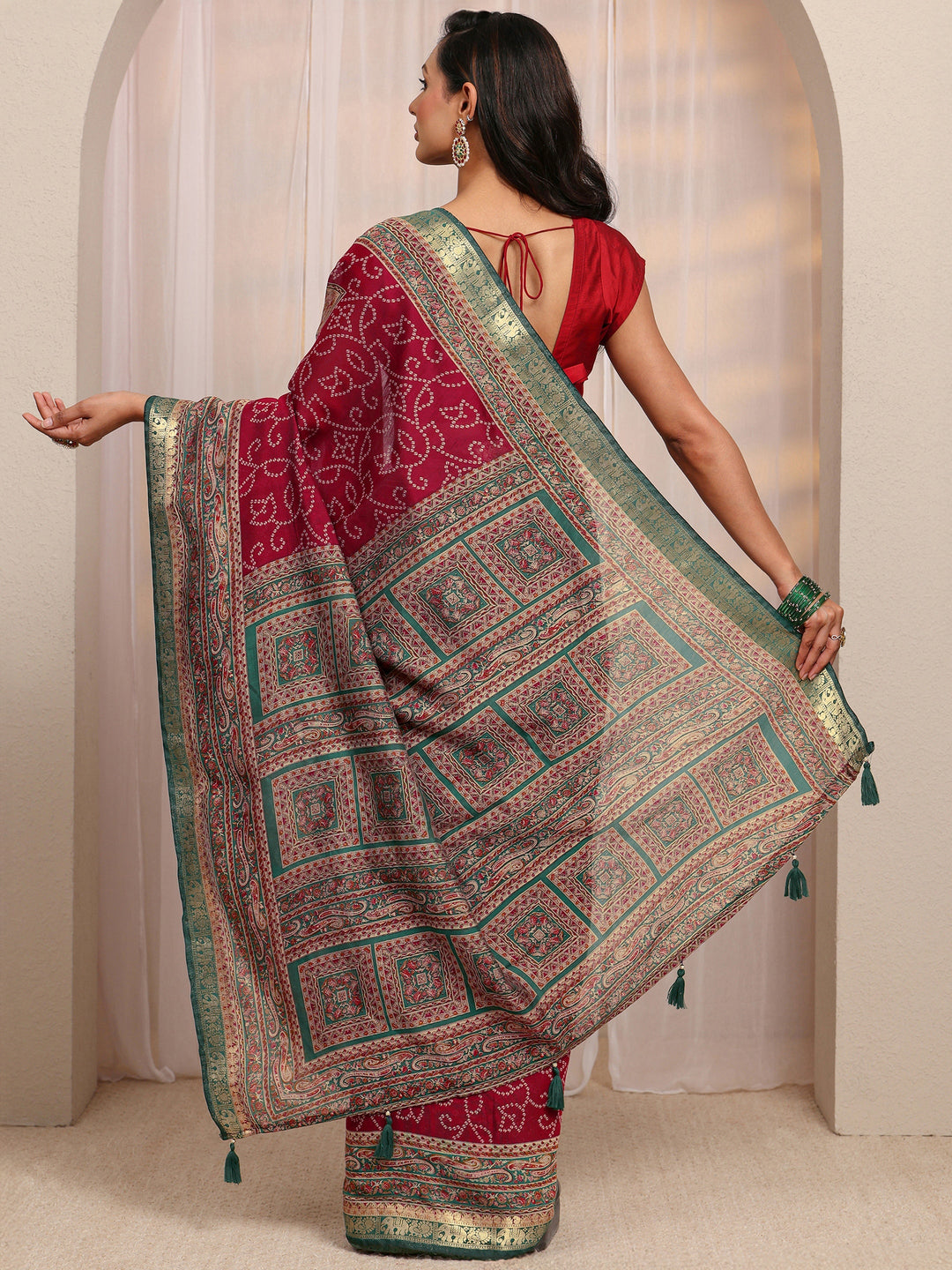  Red Bandhani Printed Silk Blend Saree 
With Unstitched Blouse Piece 