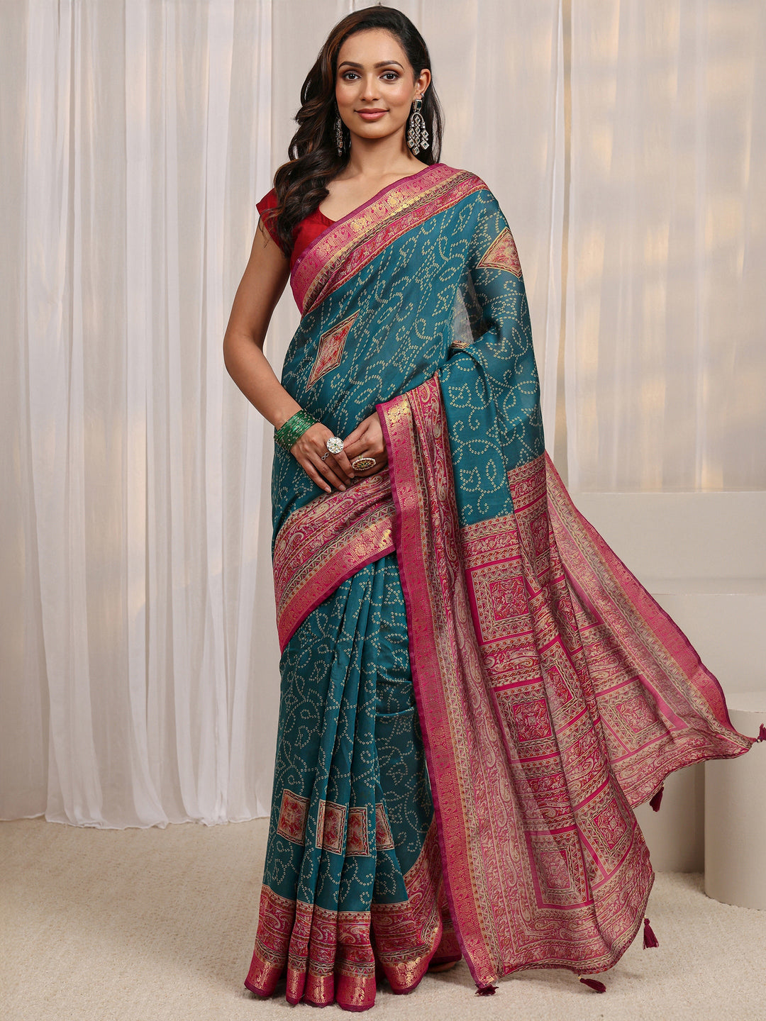  Blue Bandhani Printed Silk Blend Saree 
With Unstitched Blouse Piece 
