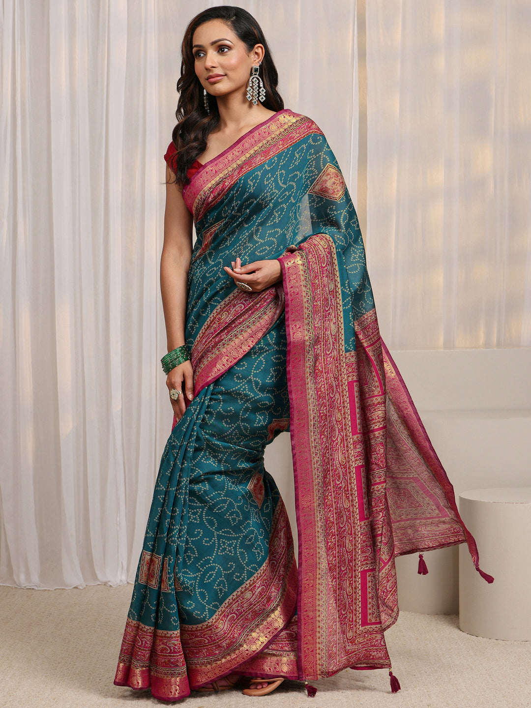  Blue Bandhani Printed Silk Blend Saree 
With Unstitched Blouse Piece 
