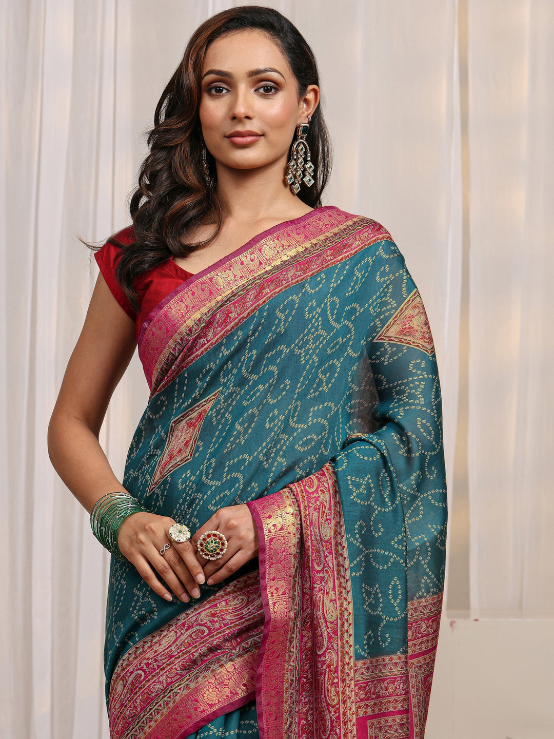  Blue Bandhani Printed Silk Blend Saree 
With Unstitched Blouse Piece 