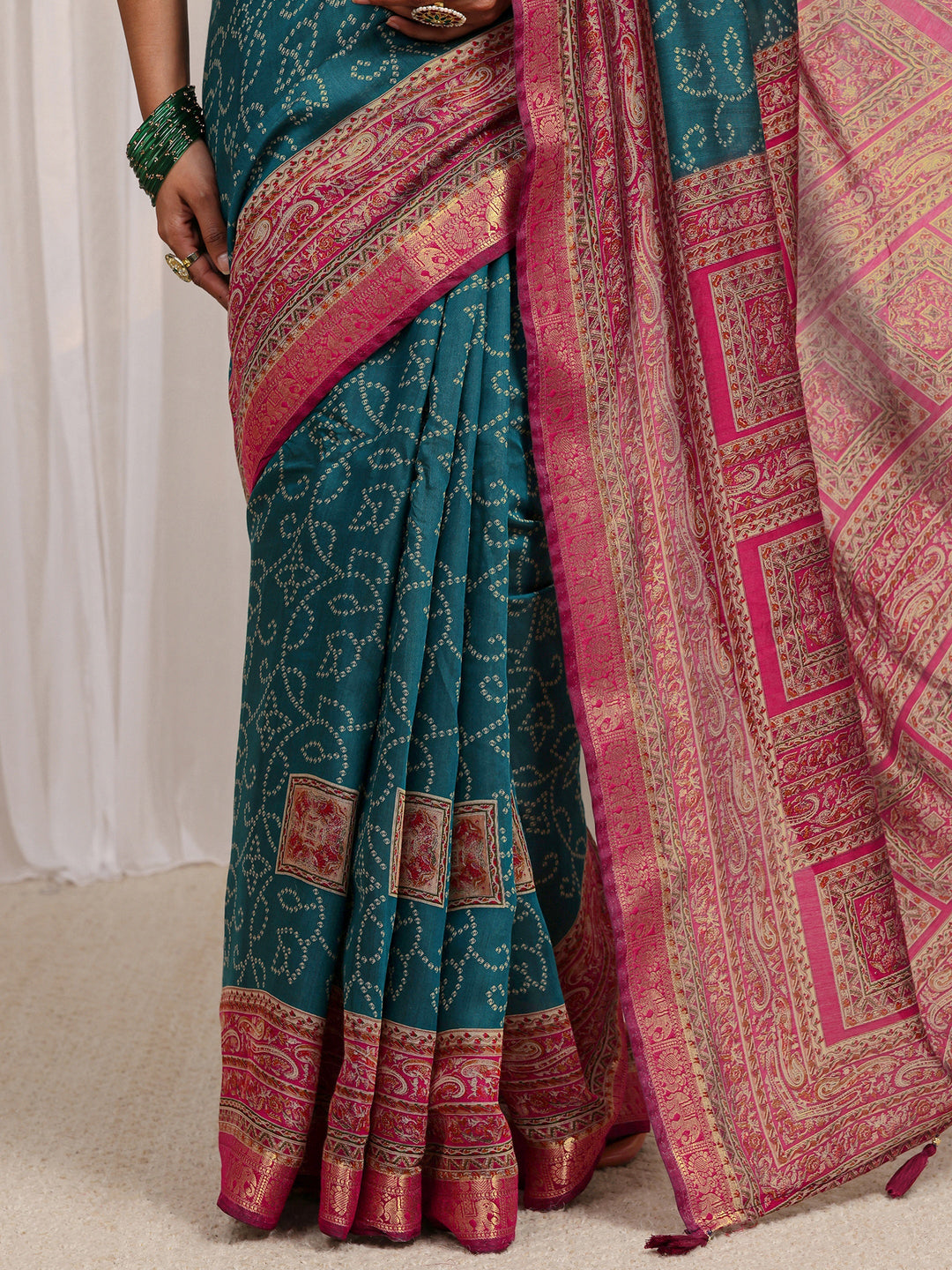  Blue Bandhani Printed Silk Blend Saree 
With Unstitched Blouse Piece 