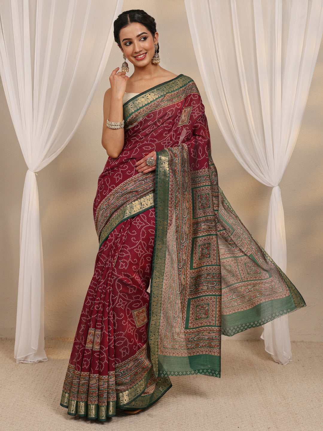 Pink Bandhani Printed Silk Blend Saree With Unstitched Blouse Piece 
