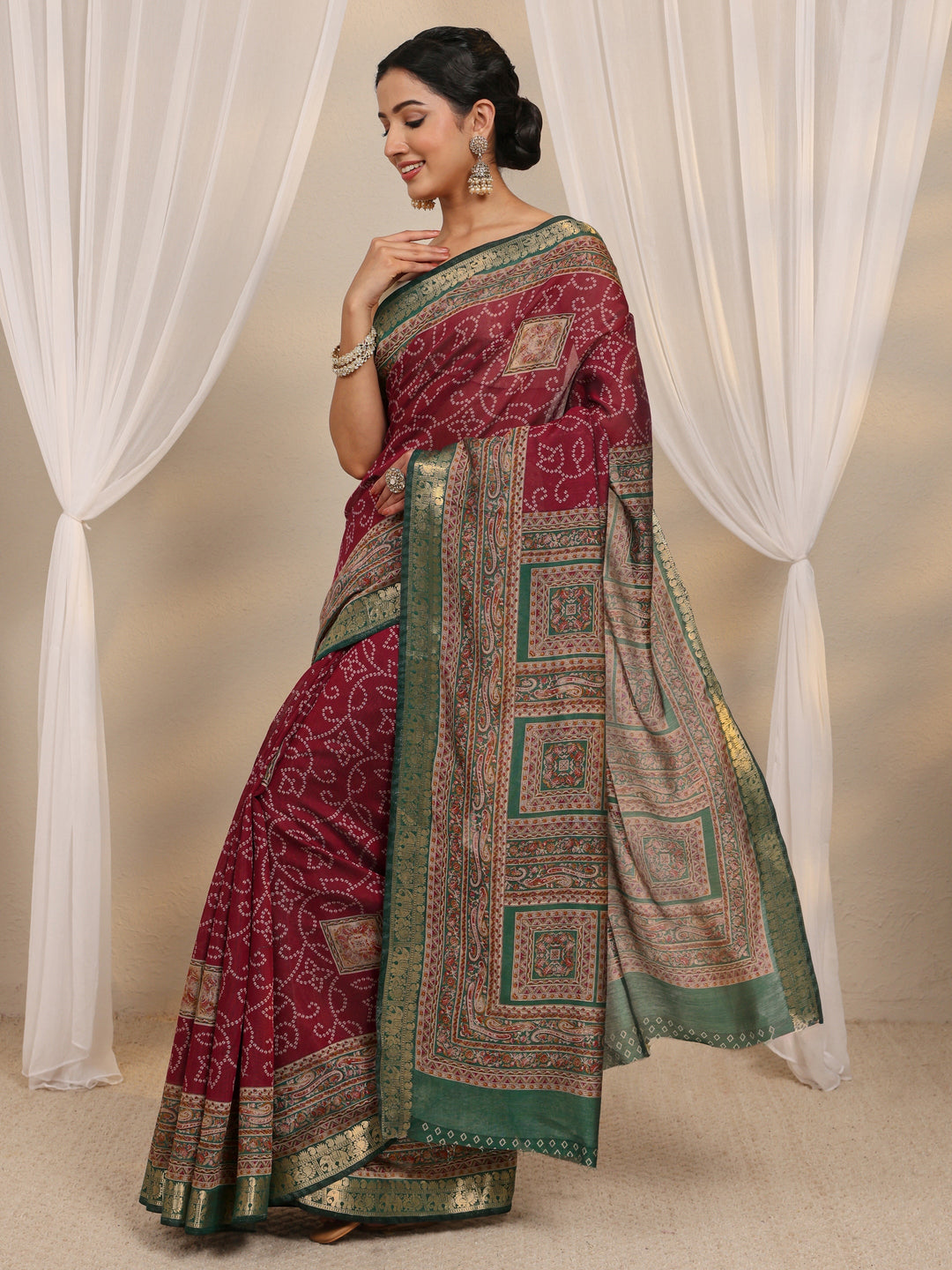  Pink Bandhani Printed Silk Blend Saree With Unstitched Blouse Piece 