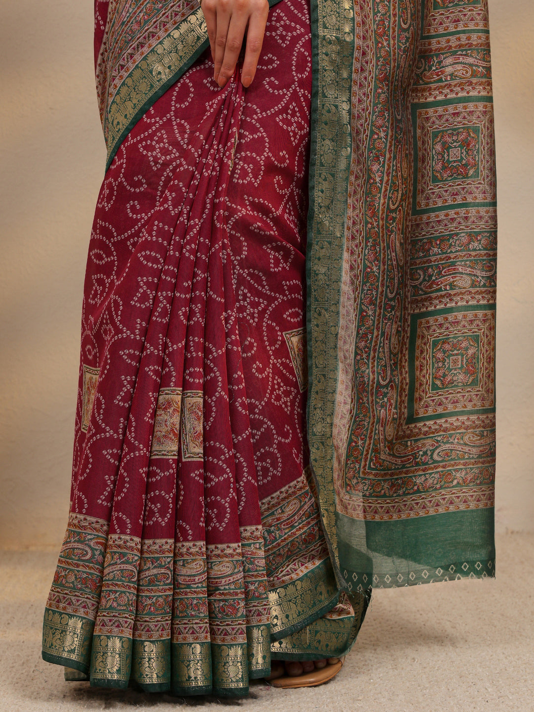  Pink Bandhani Printed Silk Blend Saree With Unstitched Blouse Piece 