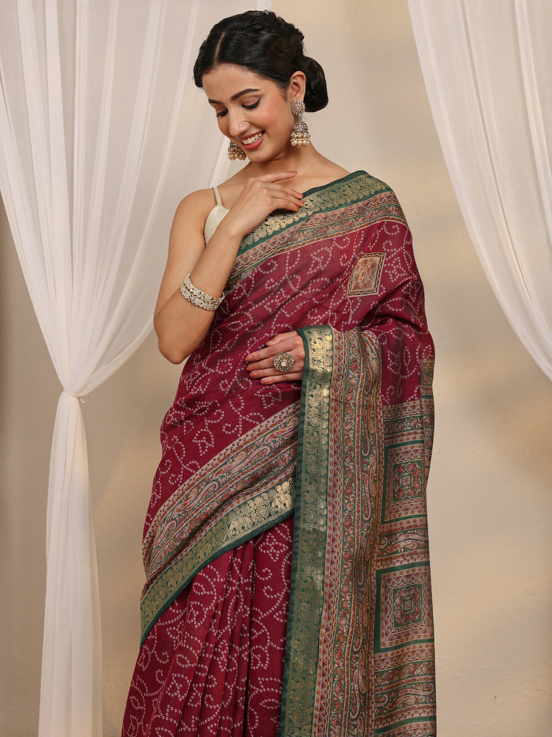  Pink Bandhani Printed Silk Blend Saree With Unstitched Blouse Piece 