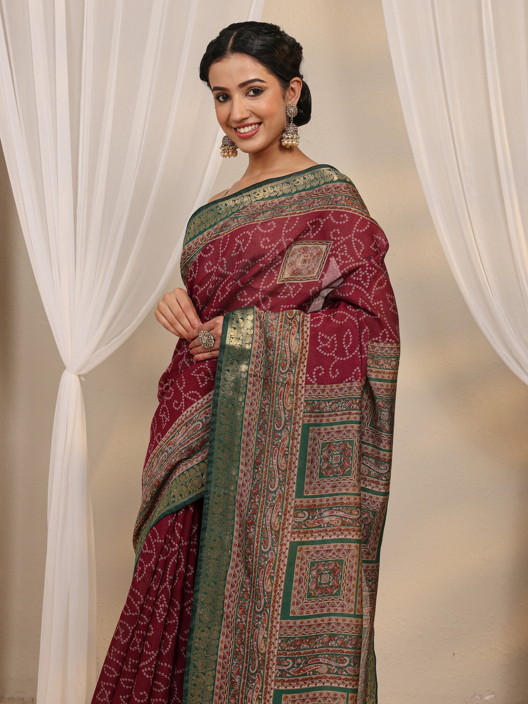  Pink Bandhani Printed Silk Blend Saree With Unstitched Blouse Piece 